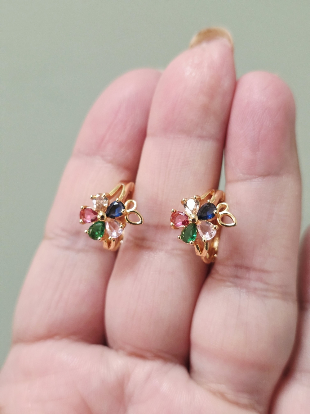 18k Gold Plated Multi Gem Flower Clip-On Earrings - Pink Green Blue
